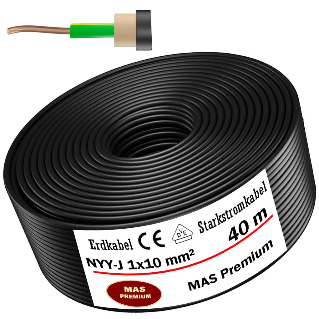 MAS Premium Cable subterráneo de 5-100 m, NYY-J 1 x 4, 6, 10, 16 o 25, cable eléctrico OFC para instalación al aire libre, tierra (NYY-J 1 x 10 mm², 40 m)