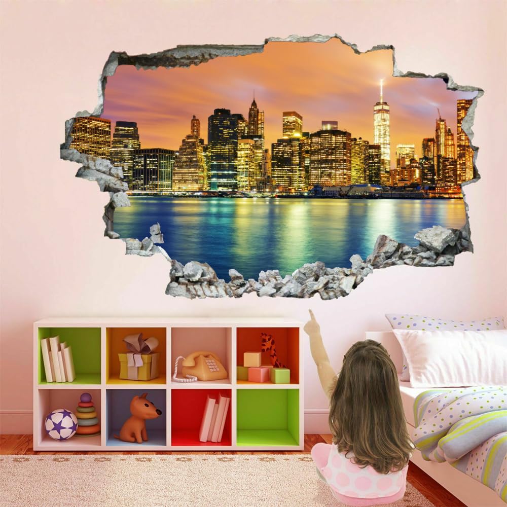 Adesivo Murale 3D Edificio Cittadino Adesivi Murali Smashed Art Impermeabile Lago Tatuaggio Da Parete In Vinile Per Bambini Sala Giochi Baby Nursery Home Decor 120x80cm