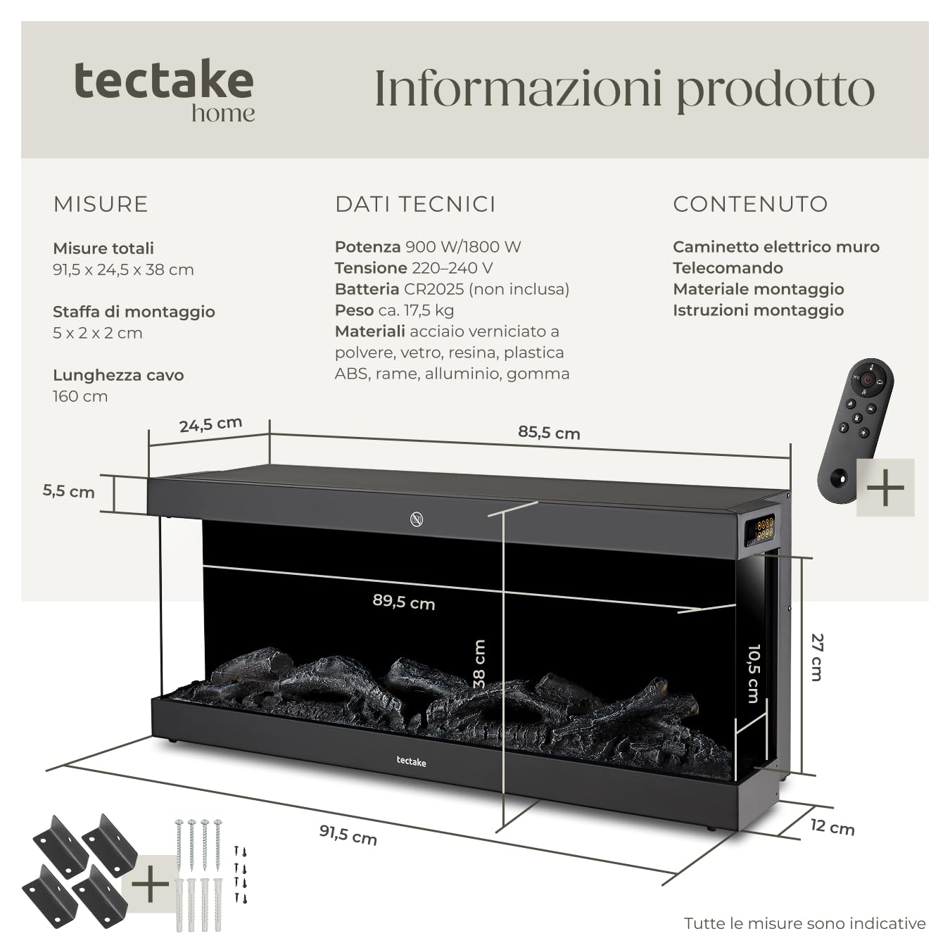 tectake® Caminetto elettrico da parete, 91,4 x 38x 24,5 cm, Camino Elettrico Smart, 2 livelli di calore 900/1800 W, Stufa effetto fiamma 3D, 9 colori, 5 Livelli luce, termostato, telecomando, app Tuya