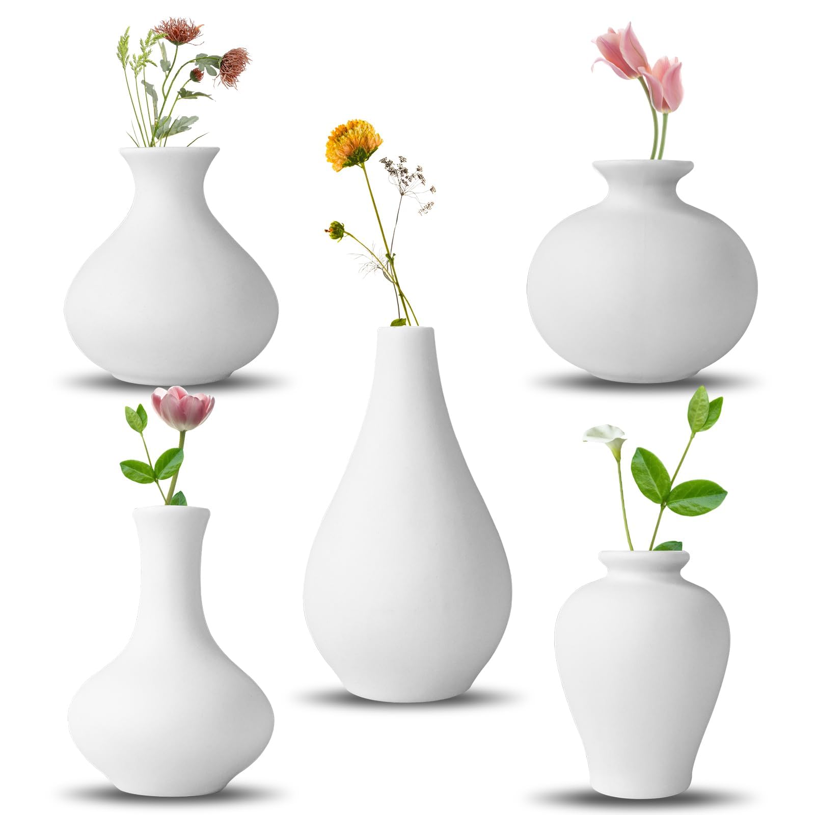 Juego de 5 Jarrones de Cerámica Blancos Mini Jarrones de Flores para Decoración Moderna del Hogar Jarrón Decorativo para Hierba de Las Pampas Salón Decoración de Estanterías Mesa de Comedor
