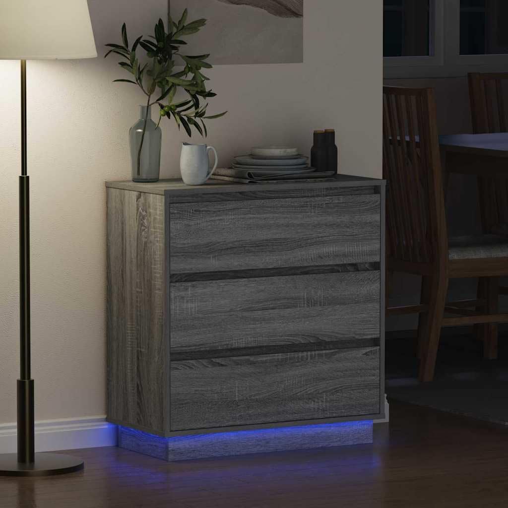 Nachttisch mit 3 Schubladen Grau 71 x 34,5 x 75 cm Holzwerkstoff Moderne Beistelltisch Kommode für Schlafzimmer und Kinderzimmer mit Stauraum, USB-Lichterkette, platzsparend