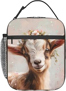 Charming Goat Lunch Box for Kids,Floral Crown Animal Insulated Bag for Student,Cute Thermal Insulation Cooler Tote Bags for School Work Picnic Camping Outdoor Gifts