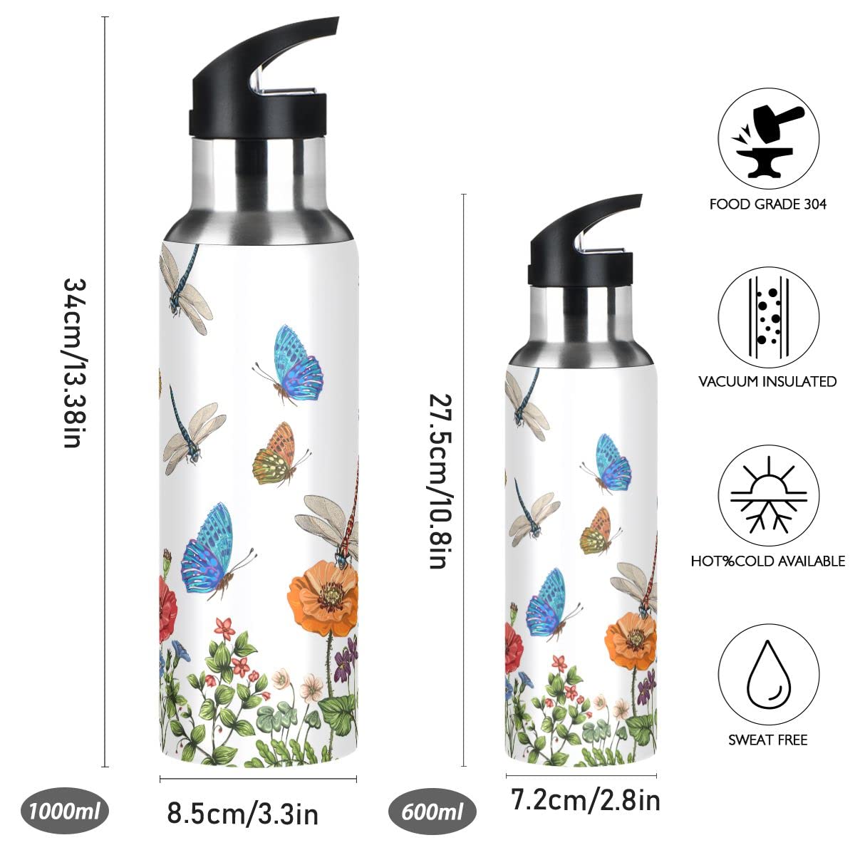 Edelstahl Wasserflasche mit Strohhalm, Libellen Schmetterlinge Isolierte Trinkflasche Sport Wasserflasche für Kinder Erwachsene, auslaufsicher, 1L