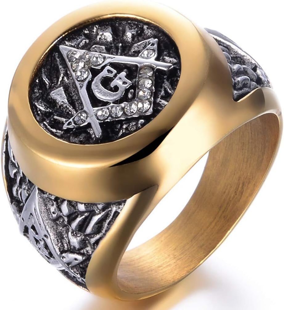 Stainless Steel Silver Gold Two Tone Masonic Freemason Signet Ring