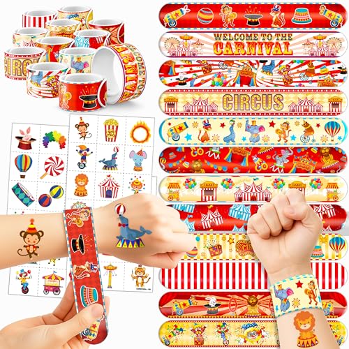 Cherisnowy 72PCS Carnival Party Set – 48PCS Temporary Tattoos & 24PCS Slap Bracelets – Fun Circus-Themed Birthday Supplies, Baby Shower Gifts, Classroom Rewards & Party Decor for Kids (Boys & Girls)
