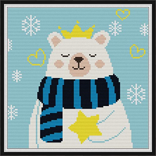 Image of Howie's Needlepoint Cross Stitch Kits, 11CT Pre-Printed Pattern Needlepoint Kits, Full Range of Stamped Starter Kits (Crown Polar Bear, 12.6 x 12.6 Inch)