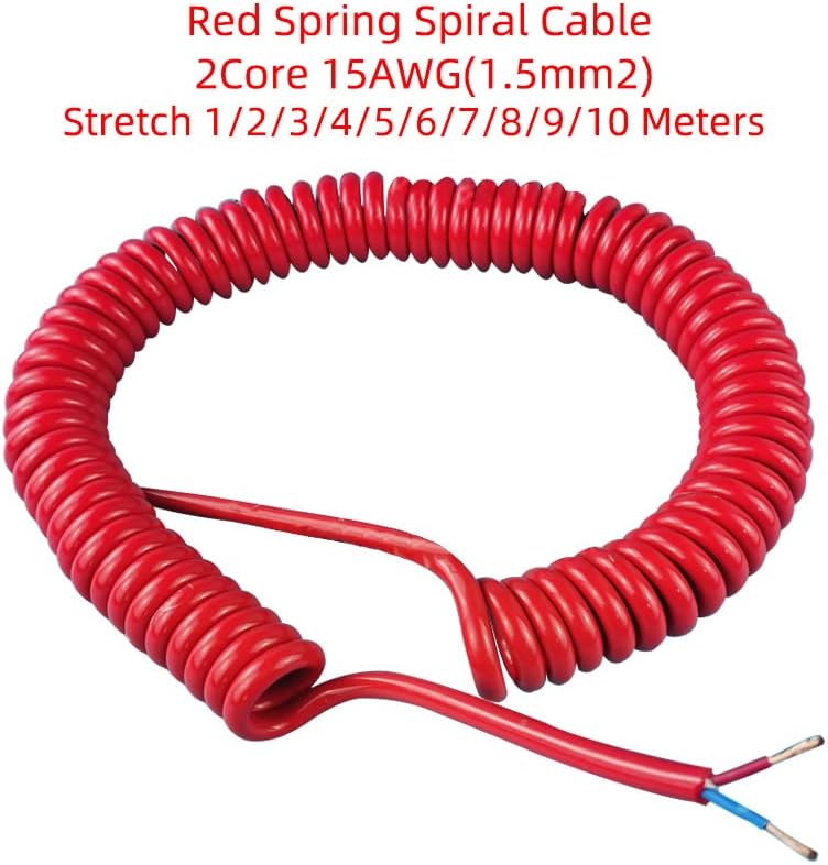 Retractable Spring Coiled Extension Cord ， Spring Spiral Cable 1PC Red Wire 2-Cores 15AWG Stretch 1/2/3/4/5/6Meters Stretchable Shrinkable(2core 15awg,Stretch 6Meters)