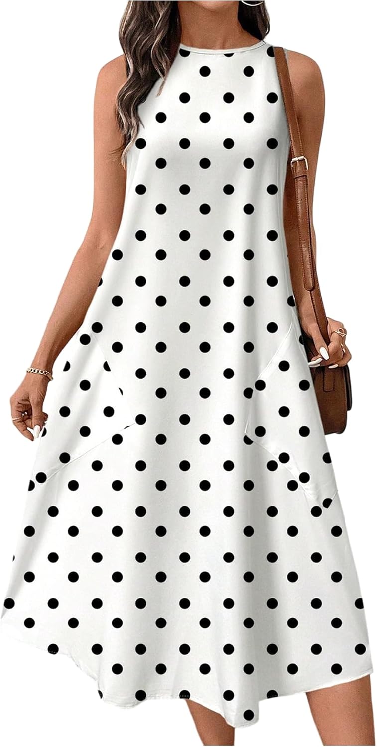 Verdusa Women's Vintage Polka Dots Tank Dress Sleeveless Crew Neck Flowy Midi Dresses