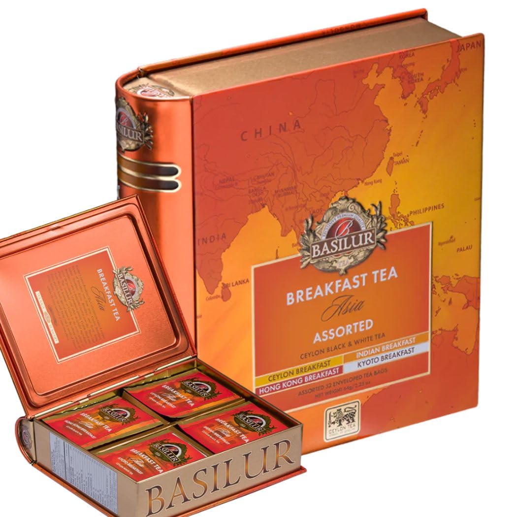 Asia Assorted Tea Book Tin Caddy Gift Set - 4 Breakfast Blends: Ceylon, Indian, Hong Kong & Kyoto - 32 Foil Enveloped Tea Bags