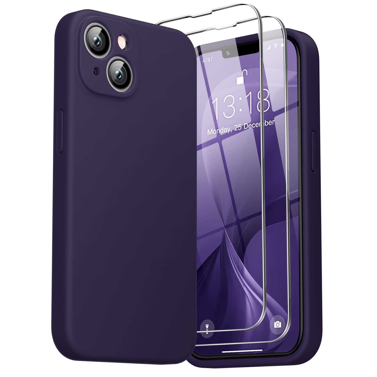 GOODVISH 3 in 1 Cover in Silicone per iPhone 14 6,1'' (2022), con 2 Pezzi di Pellicola Protettiva, Custodia per Cellulare Ultra Sottile Antiurto Resistente Protezione Fotocamera, Viola Scuro
