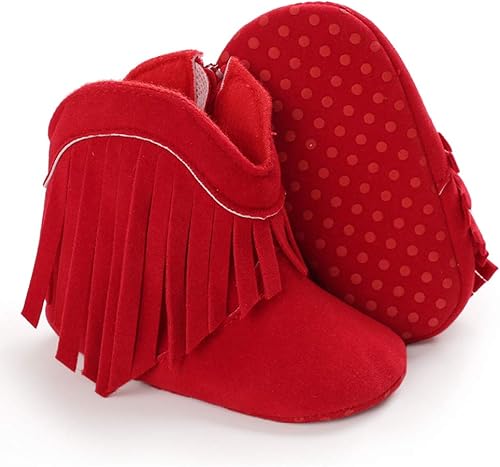 SOFMUO Botas vaqueras con borlas y cremallera lateral para bebés y niñas, botines antideslizantes de gamuza para niños pequeños