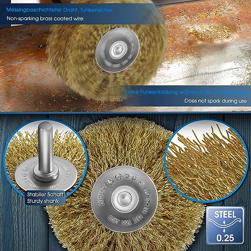 S&R Stahldraht Rundbürste, Schleifbürste Messing 80 mm x 35 mm, Holzstruktur-Bürste vermessingt, 0,25 mm gewellt, Rundschaft 8 mm, Drahtbürste für Holz, Metall, Edelstahl, Kunststoffe