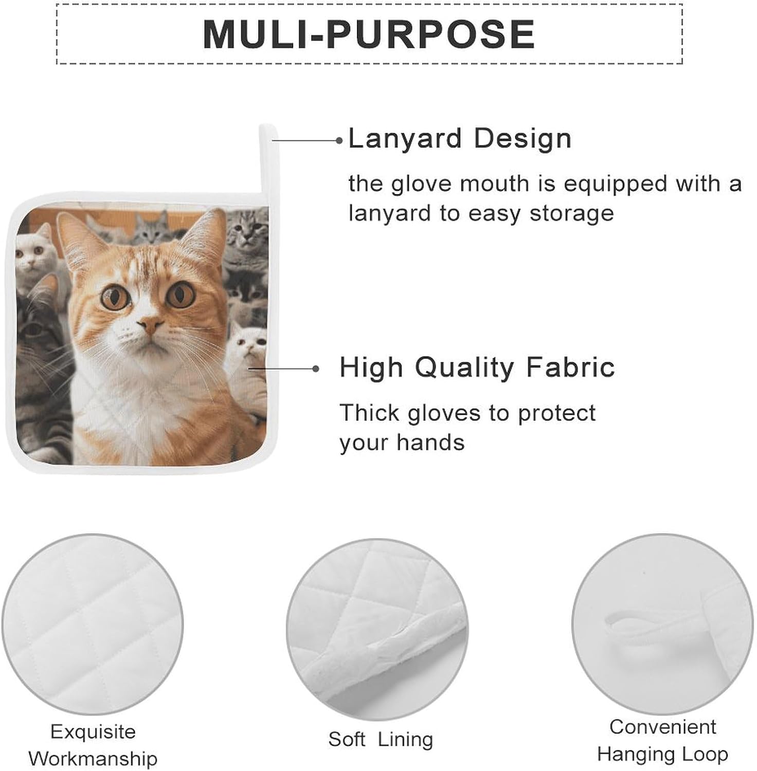 Pot Holder Set of 2 Funny Pet Cat Printed Potholders for Kitchens Heat Resistant & Non Slip Potholders for Kitchen Cooking Baking BBQ
