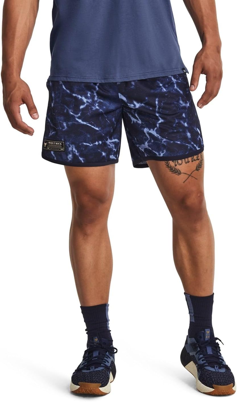 Under Armour Men's Project Rock Mesh Printed Shorts, Blue, XX-Large, 7" Inseam, Loose Fit, Open Hand Pockets, Polyester, Mid Rise, Training, Baseball