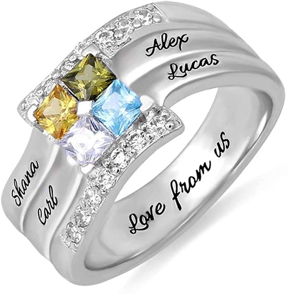 Getname Necklace Mothers Ring Sterling Silver with 1 2 3 4 5 6 7 8 9 Birthstones & Names Personalized Women Band Custom Stones Names White Gold Plated Gift for Mothers Day