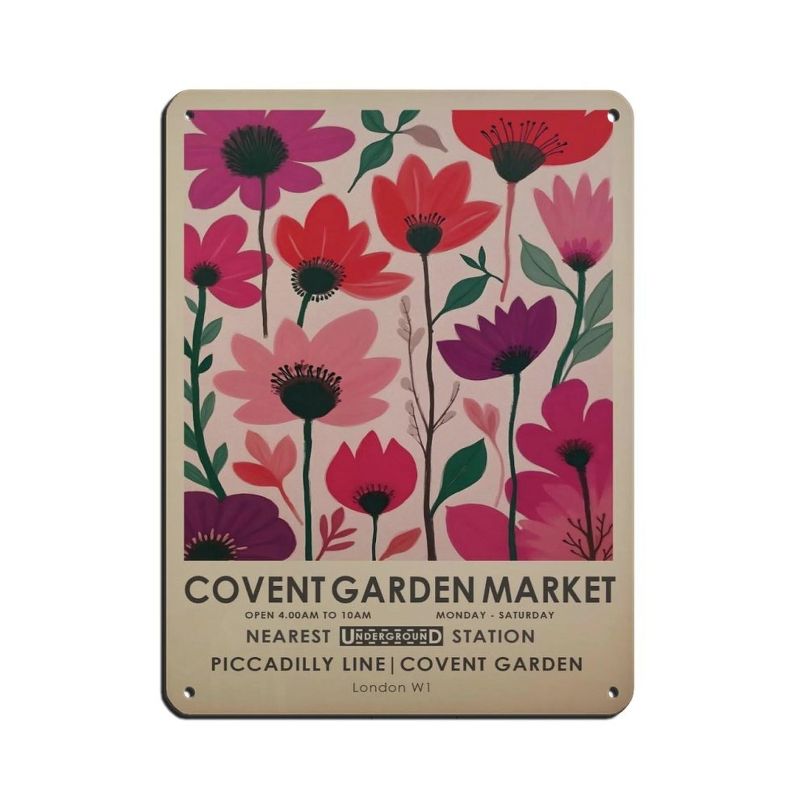 Covent Garden Market, Pink Floral Tin Sign Vintage Metal Pub Club Cafe Bar Home Wall Art Decoration Poster Retro 12x16inch(30x40cm)