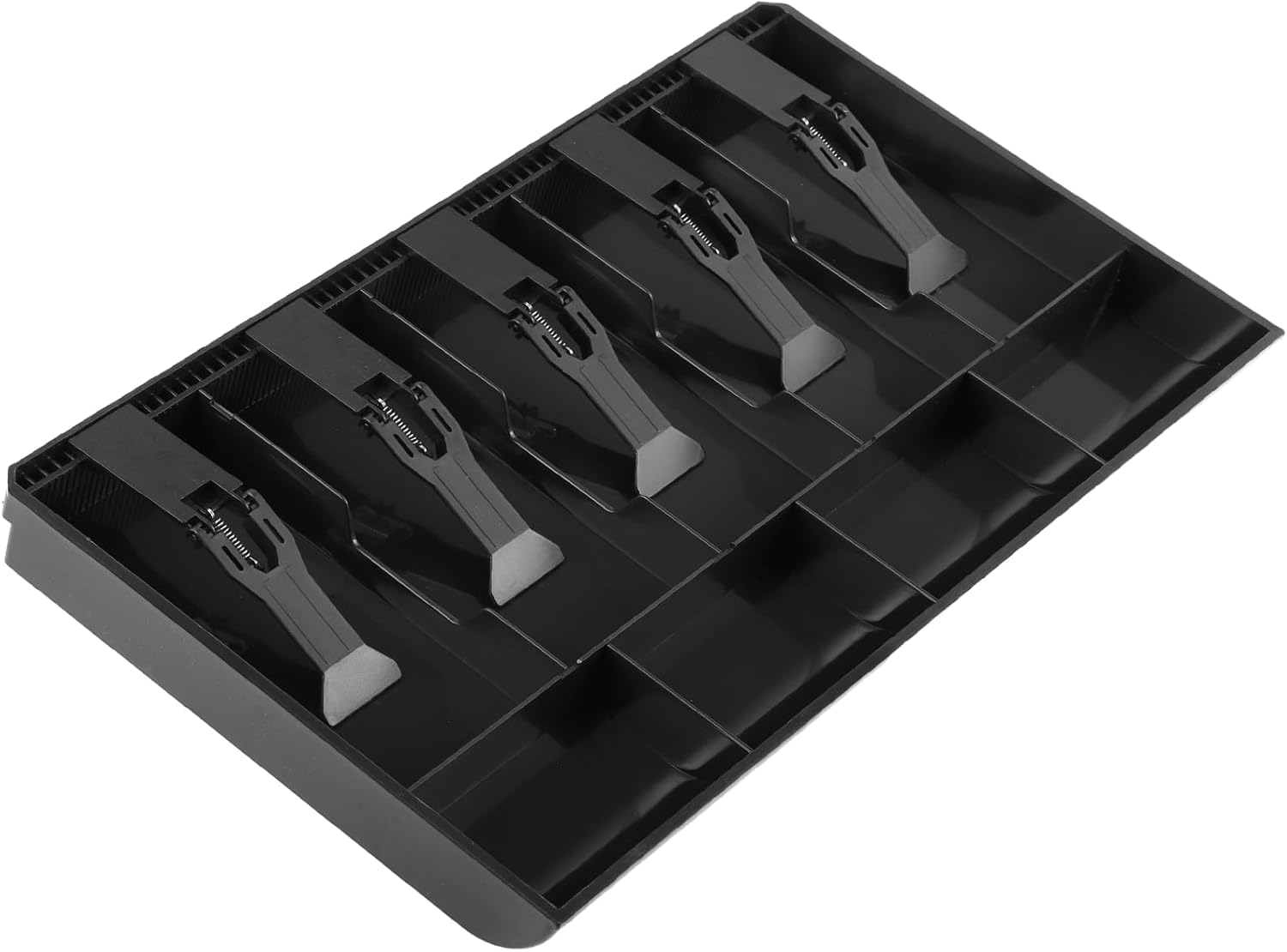 Delzon Cash Register Drawer Insert Tray, Removable 4 Bill / 3 Coin, 13" Money Tray Organizer for Cash with Plastic Clip for Businesses, Registers, and Classroom Black-image-8