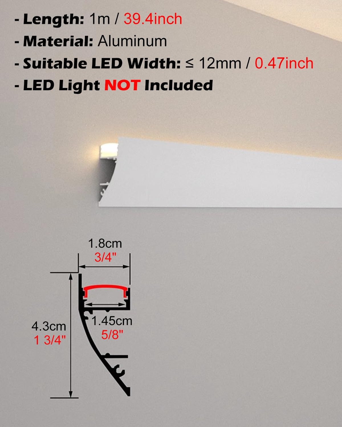 Profil Aluminiowy LED Aluminiowy Kanał LED do Oprawy Oświetleniowej, Montaż Ścienny | Kanał do Taśm LED z Osłoną Dyfuzora, Profil LED do Oświetlenia Przypodłogowego(14m/45.9ft)