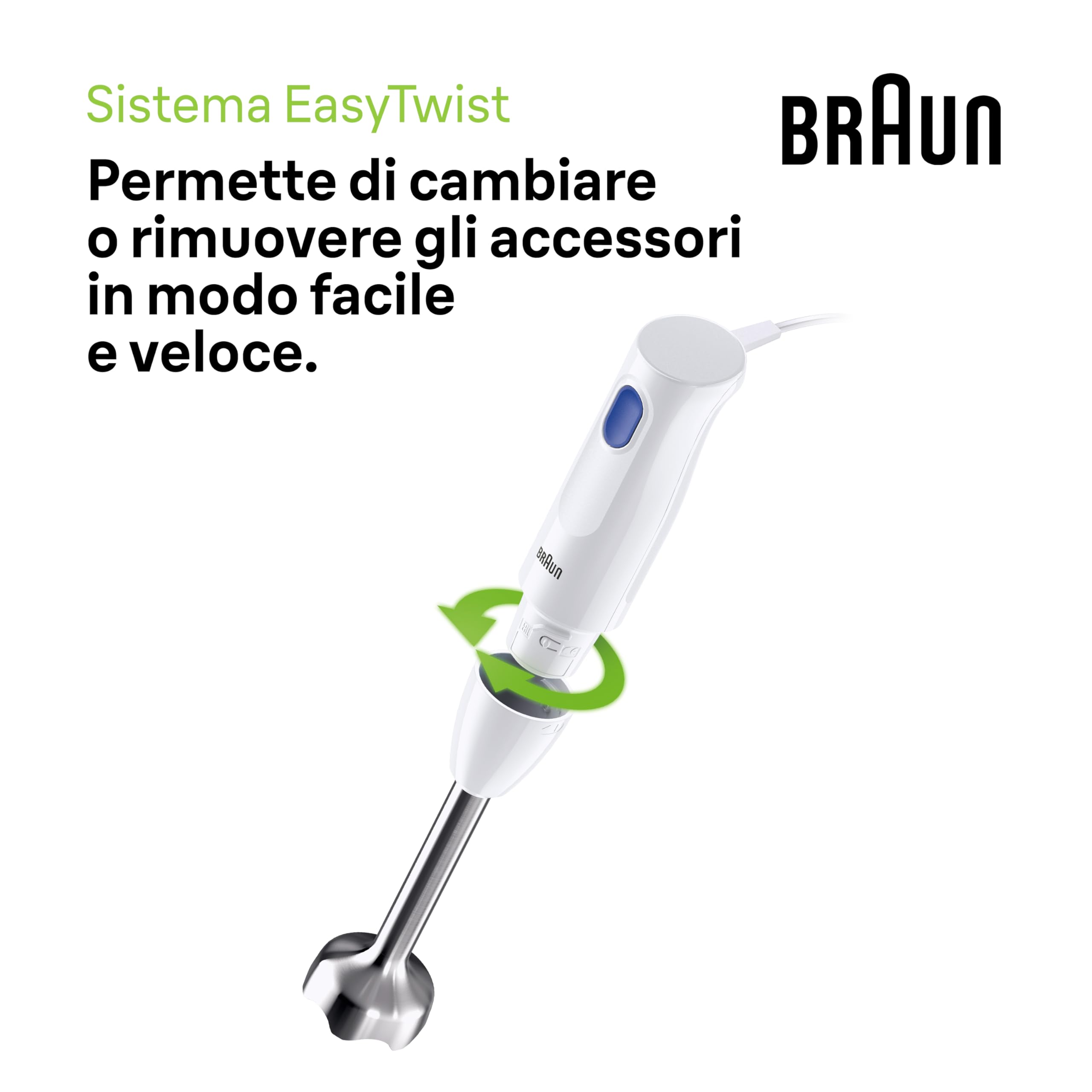 Braun MQ10.202M MultiQuick1 MINIPIMER CON 5 ANNI DI ASSISTENZA, Frullatore ad immersione extra leggero con base in acciaio inox e sistema EasyTwist, 3 ACCESSORI, 450 Watt, Bianco