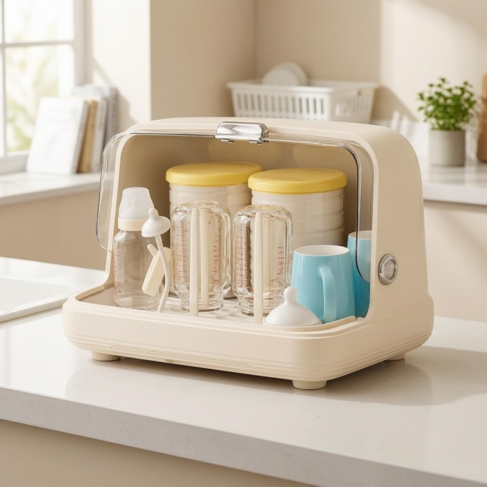 Caja Almacenamiento Biberones y Vajilla Desmontable Organizador Biberones con Puerta Abatible Transparen Gran Capacidad para Cocina, S