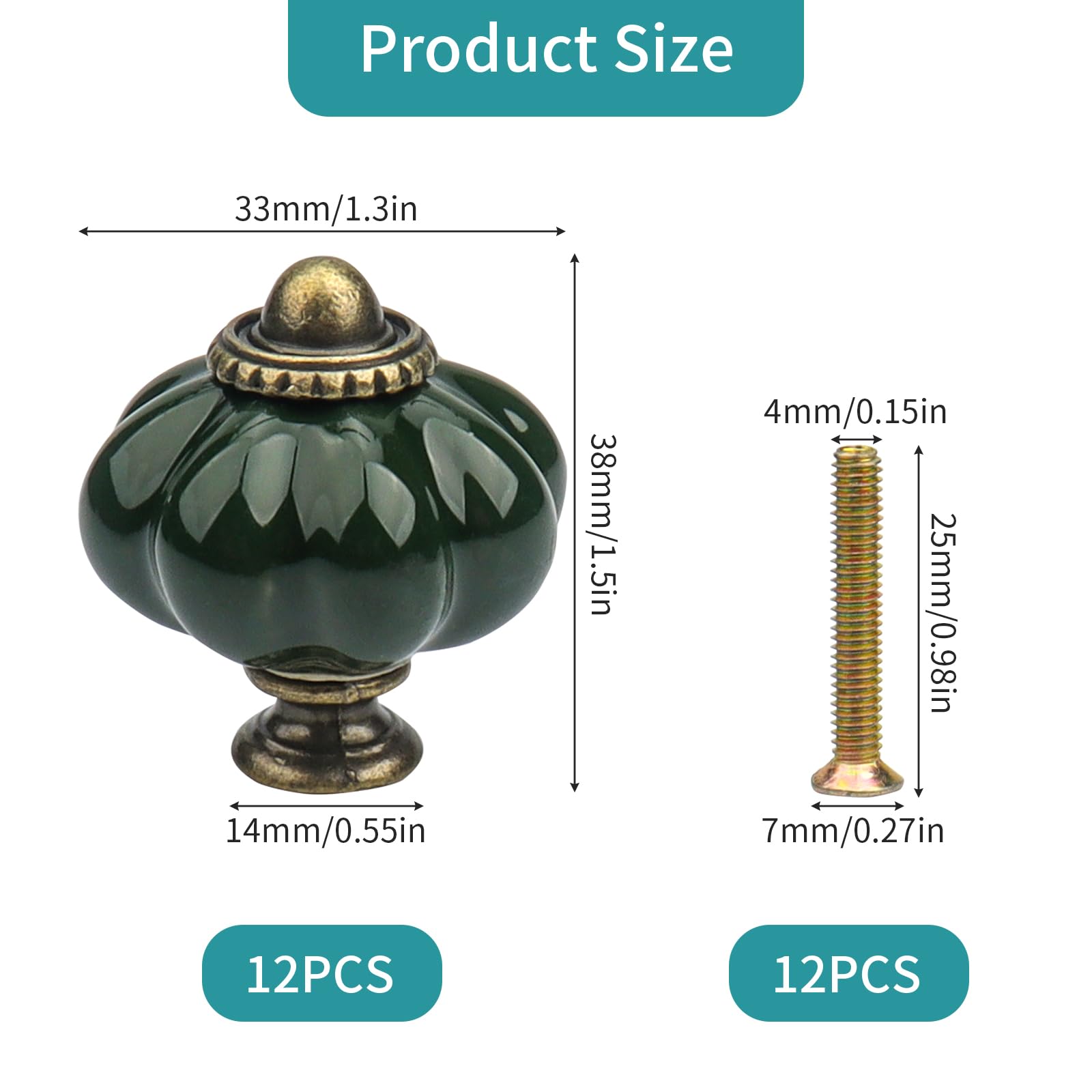 Roellgs 12 Pack Ceramic Door Knobs, Pumpkin Ceramic Knobs Vintage Cupboard Knobs with Mounting Screws, Antique Wardrobe Pull Handles Kitchen Cabinet Knobs for Dresser (Green) - Image 2