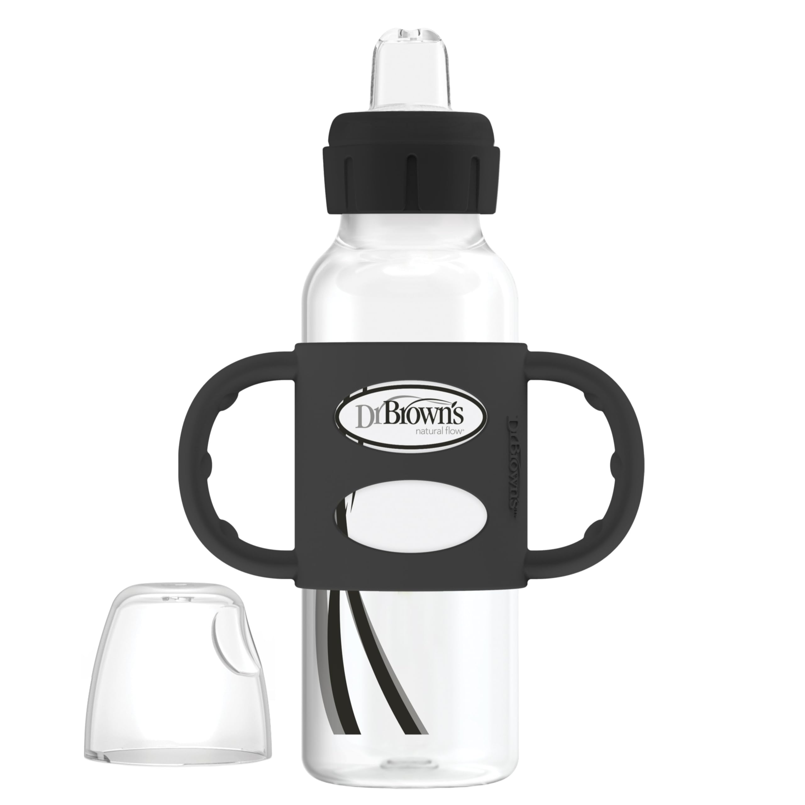 Dr. Brown's Milestones Narrow Sippy Spout Bottle with 100% Silicone Handles, Easy-Grip Handles with Soft Sippy Spout, 8oz/250mL, Black, 1-Pack, 6m+