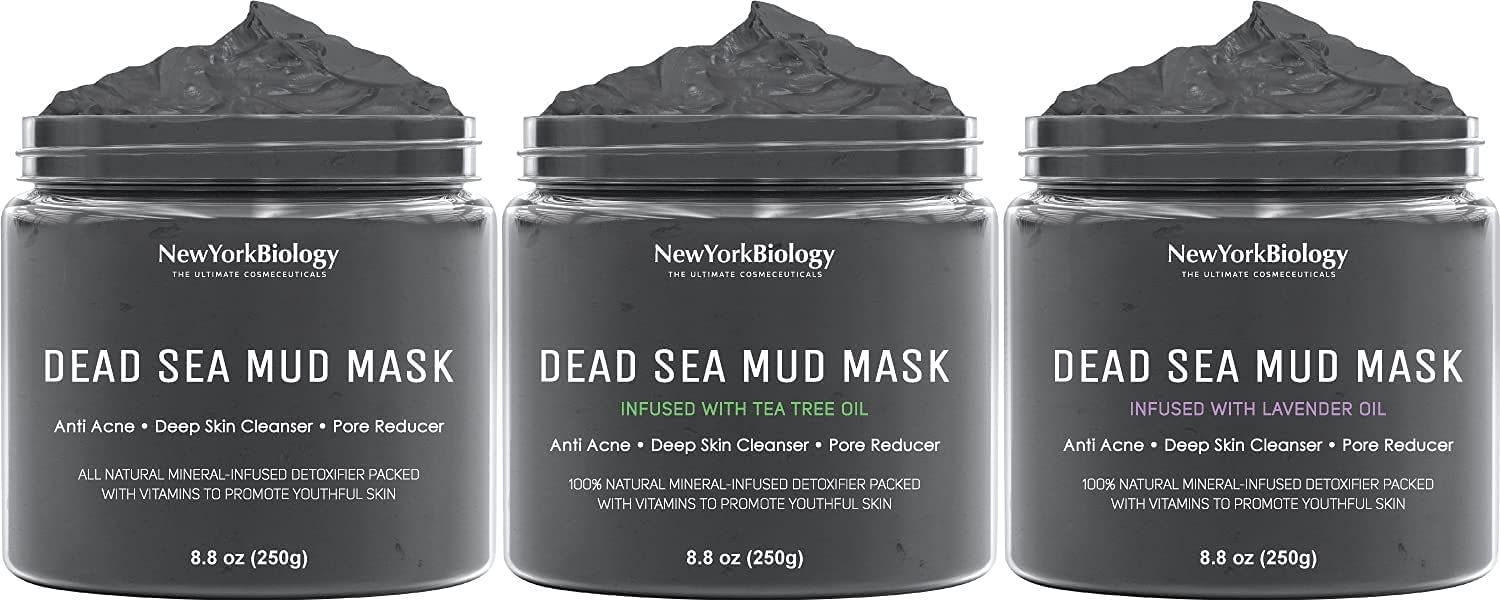 New York Biology Dead Sea Mud Mask for Face and Body with Dead Sea Mud Mask infused with Tea Tree and Dead Sea Mud Mask Infused with Lavender - Spa Quality Pore Reducer for Acne, Blackheads - 8.8 Oz