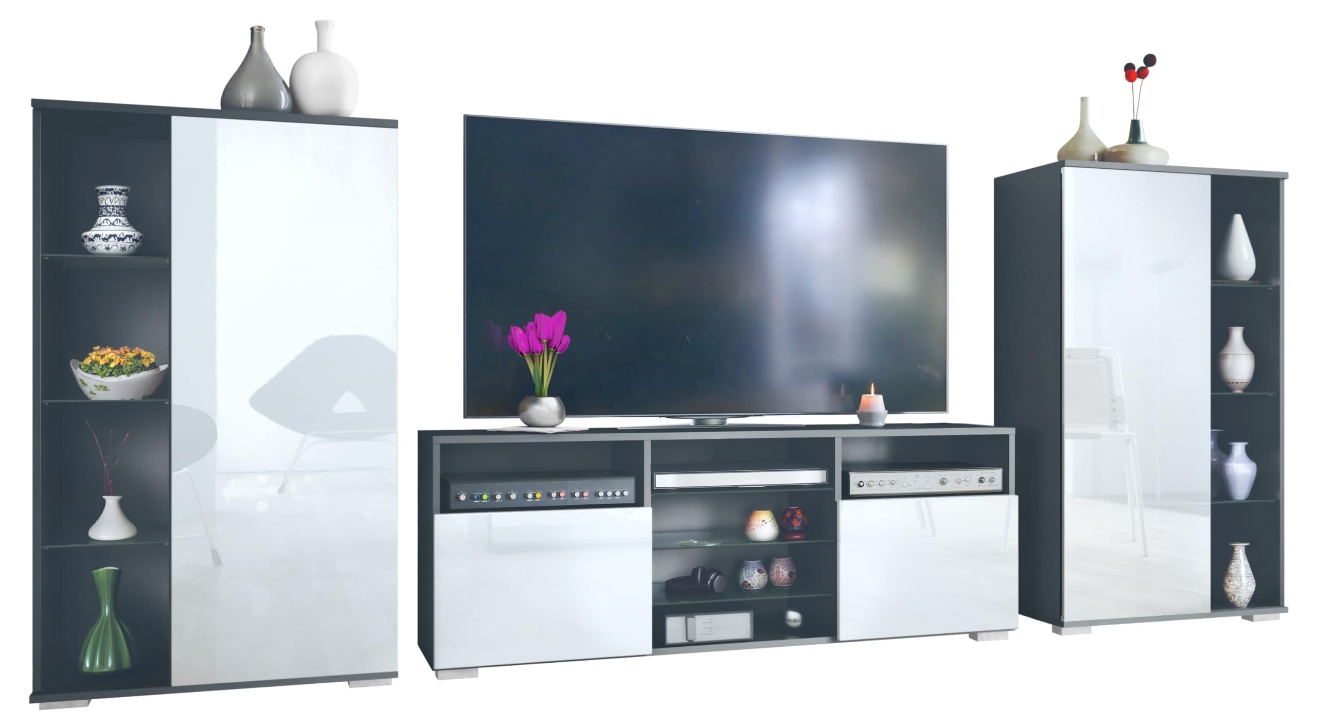 Vladon Ensemble Mural Davos pour Salon, Comprenant 2 vitrines et 1 Meuble TV, Anthracite Mat/Blanc Haute Brillance (329 x 134 x 35 cm)