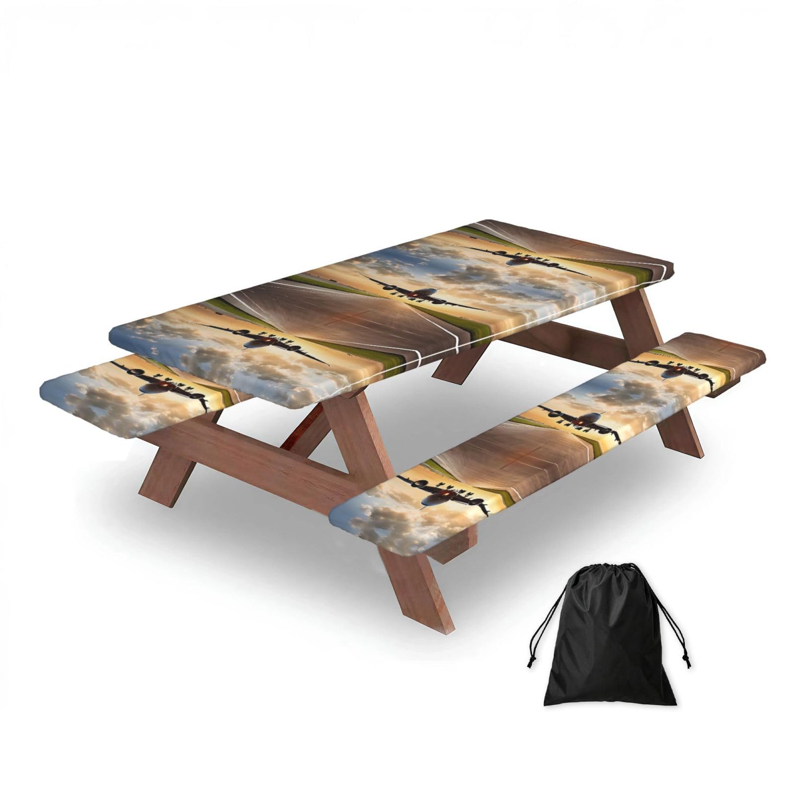 ESNAIUVCD Airplane Print Picnic Table Cover With Bench Covers,Camping Essentials,Fitted Tablecloth Cover With Elastic Edge, For Indoor & Outdoor 3 Pcs