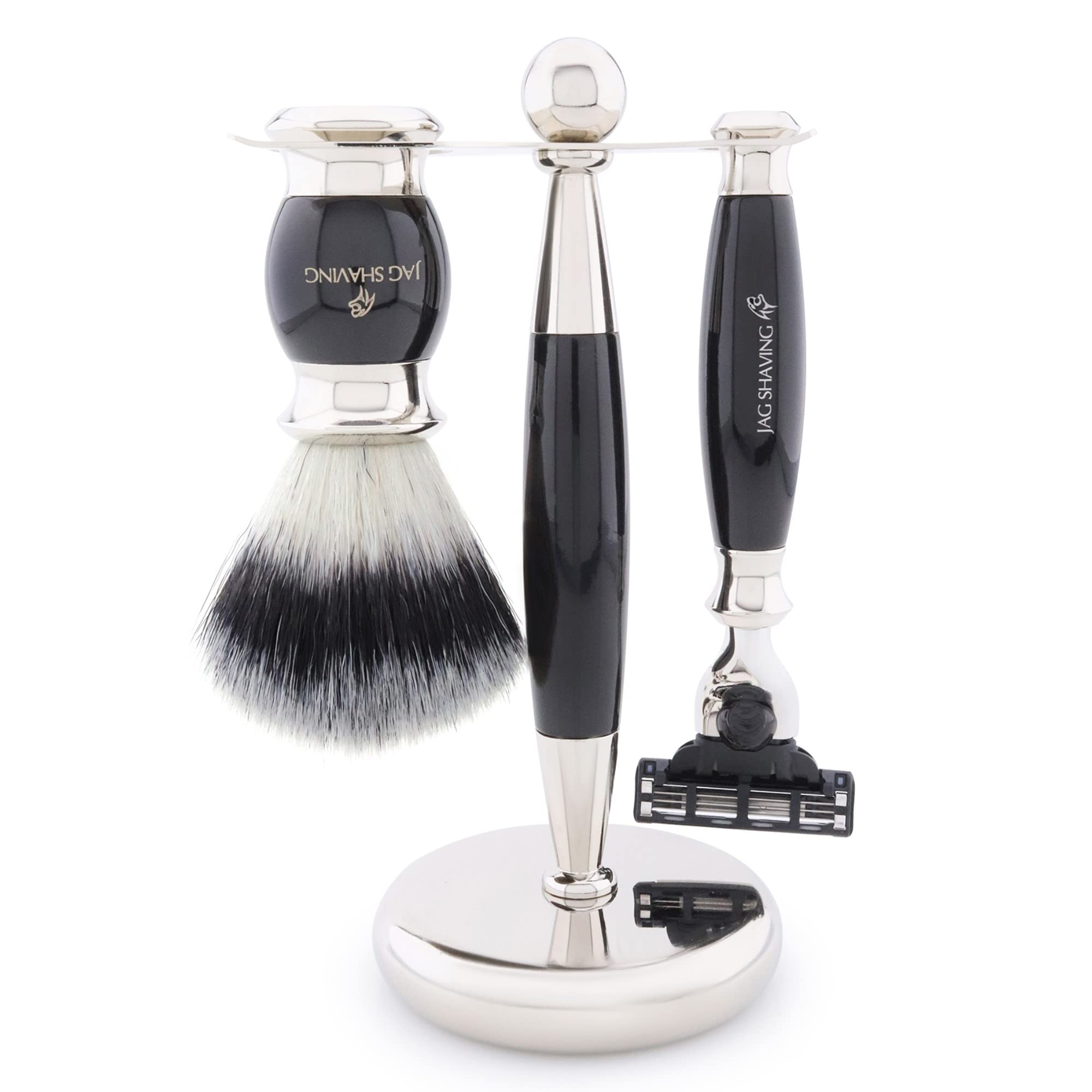 Jag Shaving Zestaw do golenia – 4-częściowy zestaw do golenia – JAG's LEE Range – syntetyczny pędzel do golenia z włosia srebrnego – 3 krawędzie ostrza do golenia – miseczka do golenia – stojak do golenia, zestaw upominkowy
