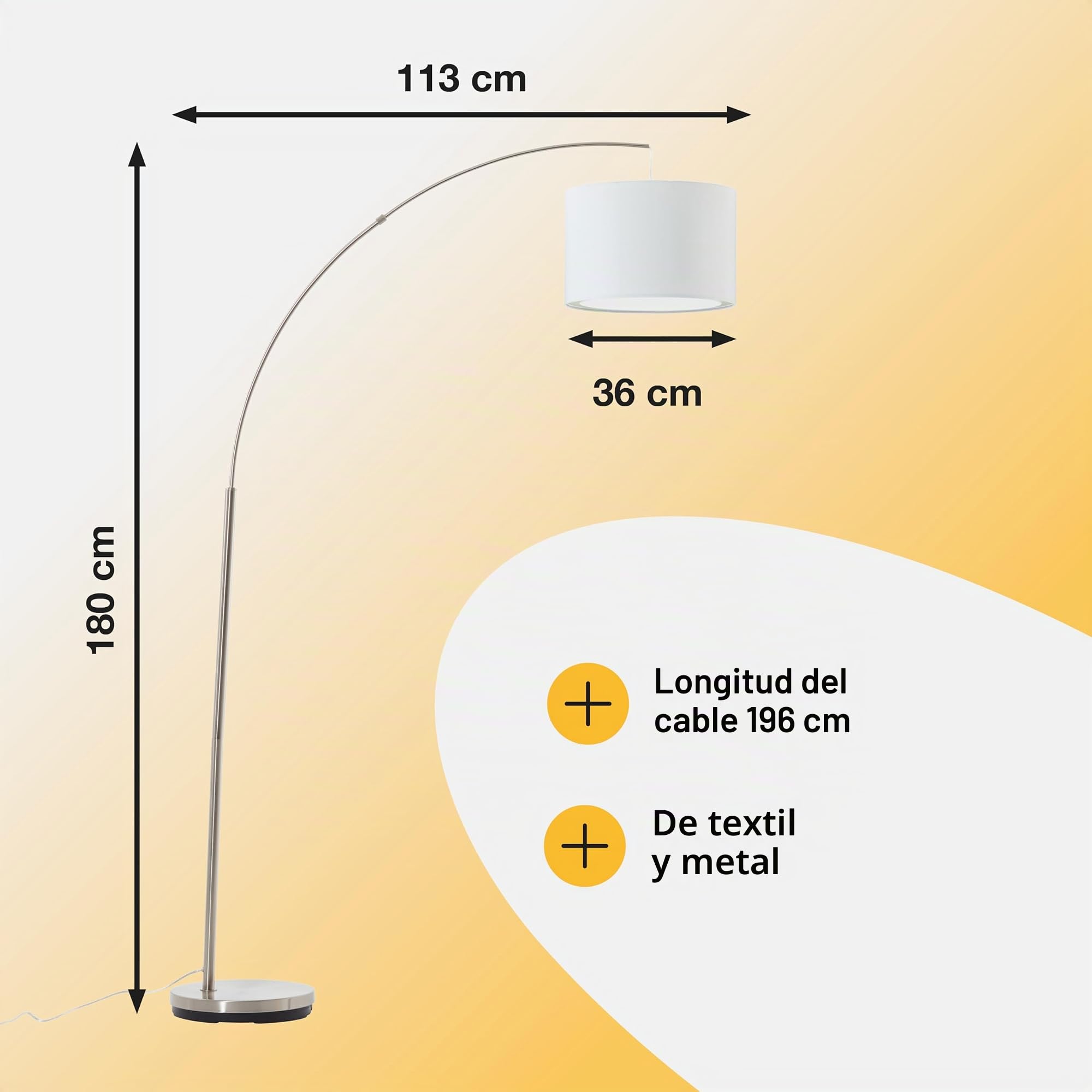 Brilliant Lámpara de pie de arco Lampe Clarie 1, 8m hierro/blanco | 1x A60, E27, apta para lámparas estándar (no incluidas) | Con interruptor de pie