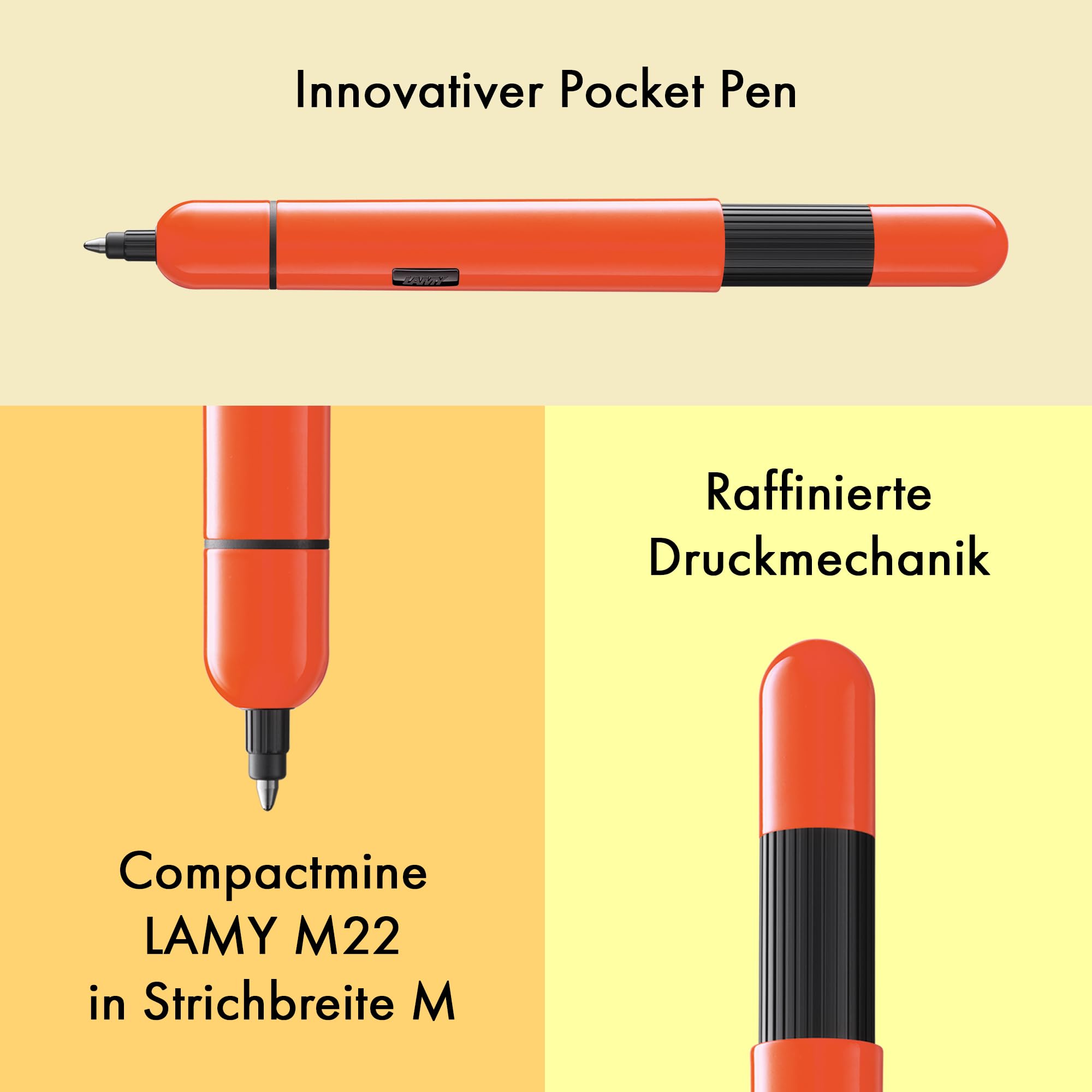 Lamy pico laser orange Kugelschreiber – Innovativer Pocket Pen Kuli – mit einem Klick in Full-Size – Gehäuse aus Metall & Strichbreite M – inkl. Compactmine M 22 in schwarz