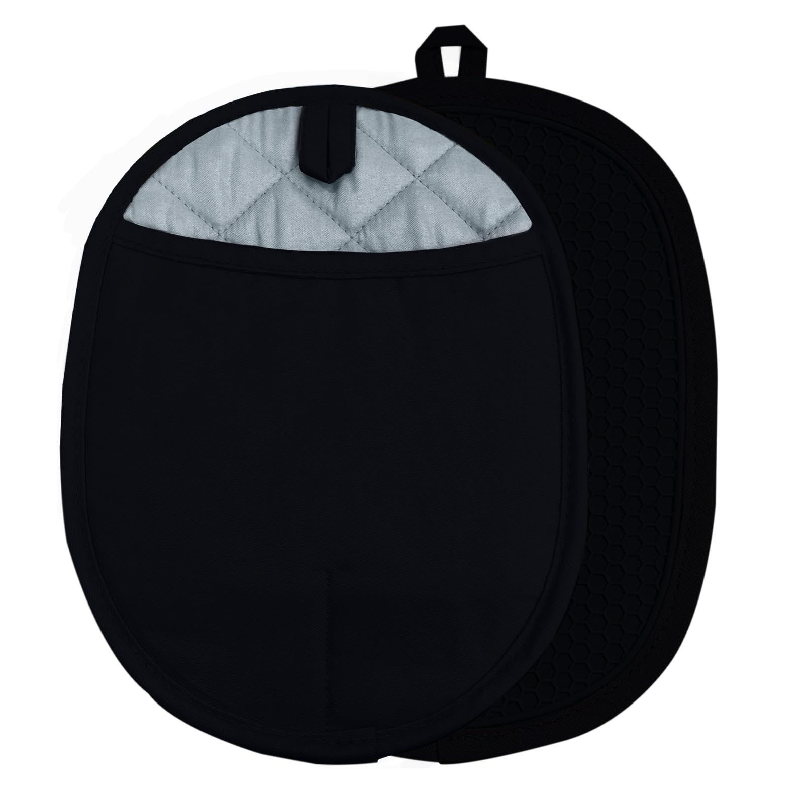 Silicone Pot Holders with Pockets Set of 2, Anti-Slip Ribbed Potholders for Kitchens, Heat & Water Resistant Hot Pads and Oven Mitts for Cooking Baking 9.8 x 7.5 Inch (Black)