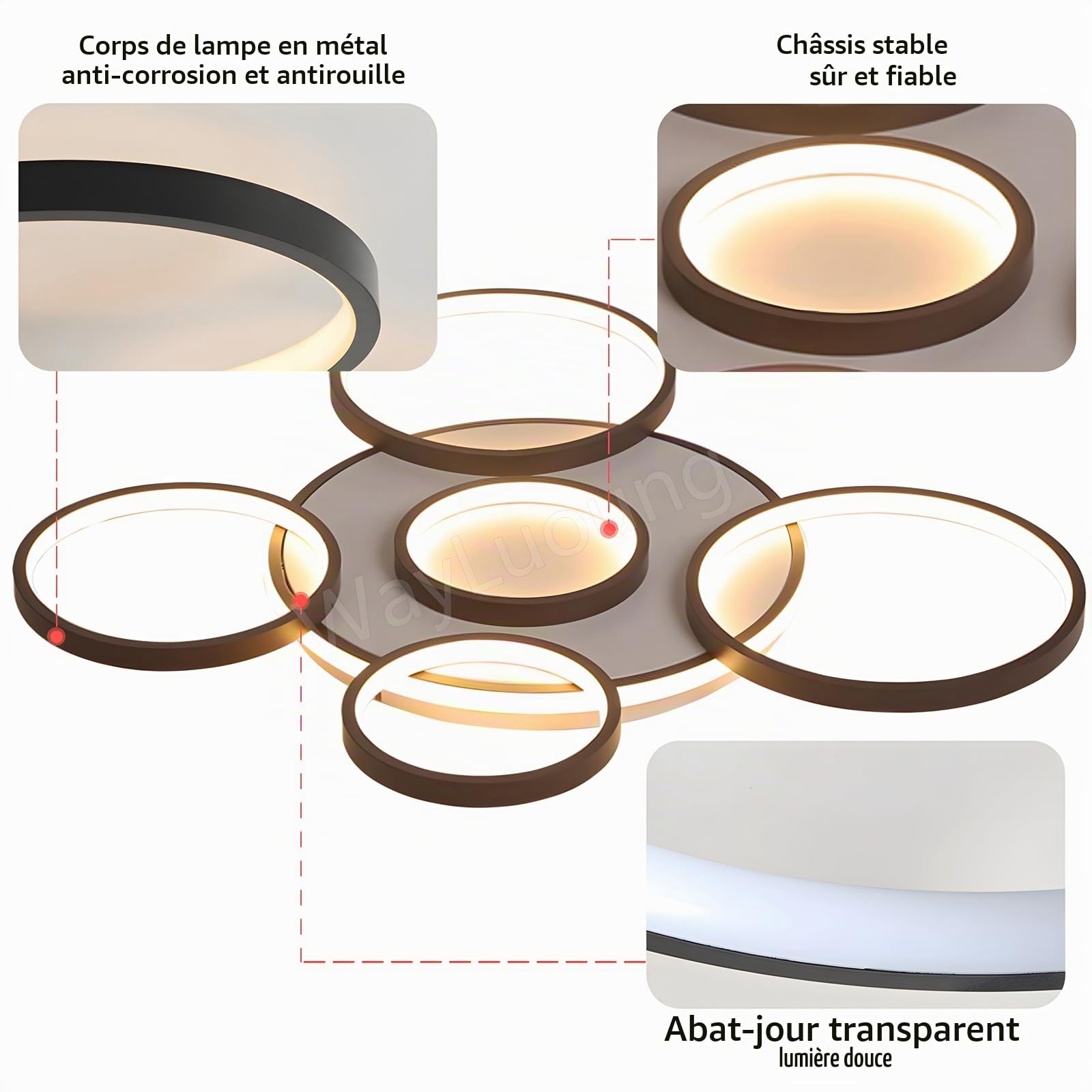 Plafonnier LED | Plafonnier De Salon Moderne À 6 Anneaux | Cercle Rond Noire 86W/Ø85cm | Plafonniers De Chambre | 2700K-6500K Dimmable Avec Télécommande | Lampe De Plafond D'Intérieur De Restaurant