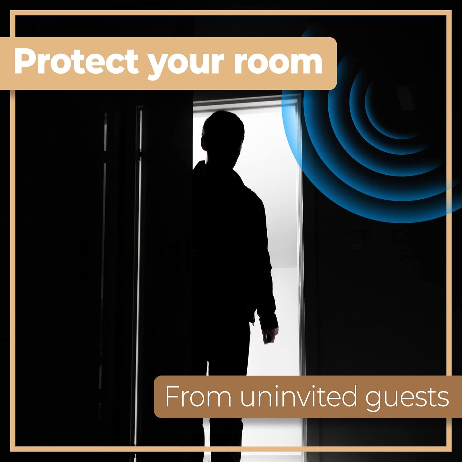 Silhouette of a person entering a dark room, with blue radar-like waves emanating from the top right, indicating motion detection.