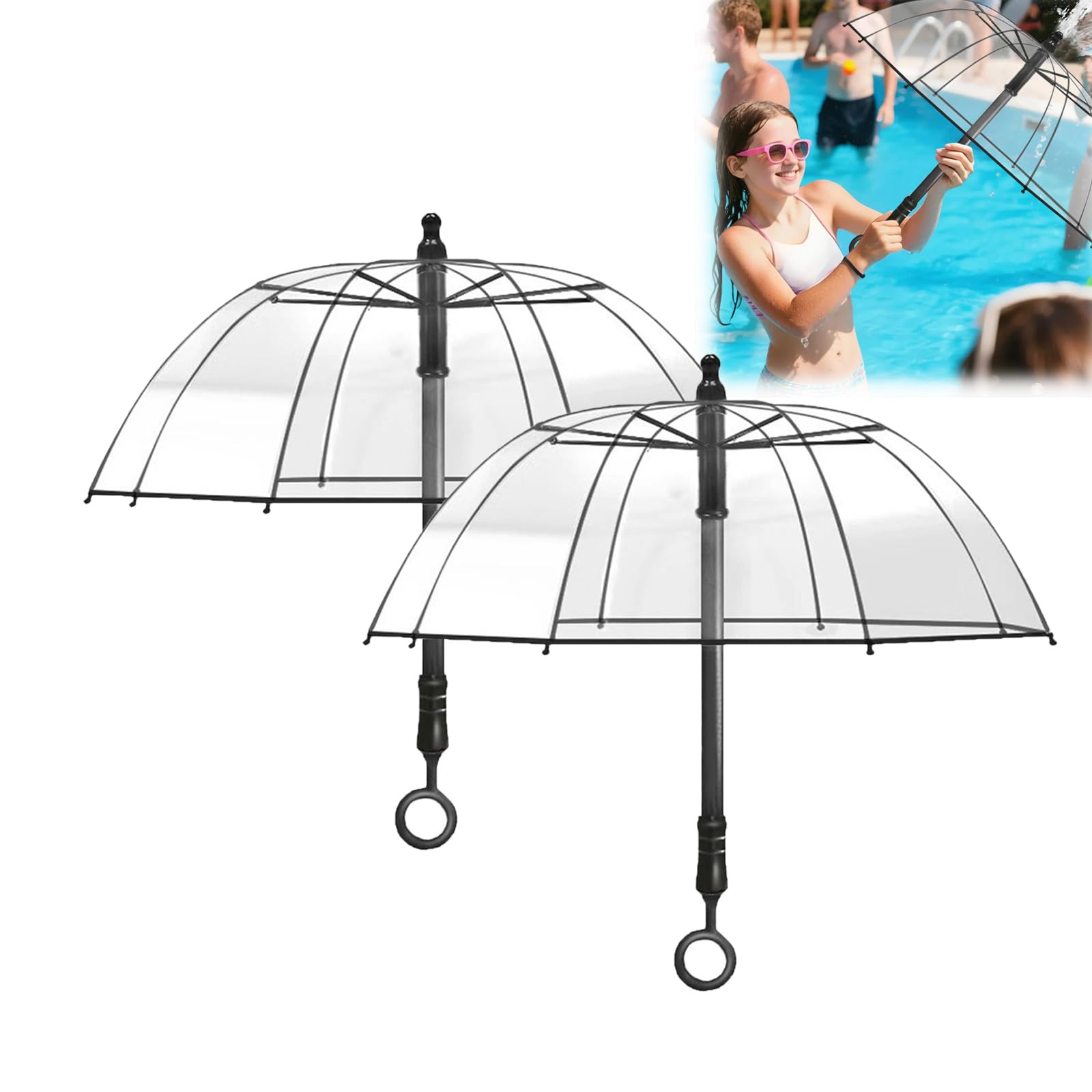 Water Gun Umbrella, Transparent Rain Shelter with Squirt Gun, 8.2m Range, for Water Fights and Pool Party(Black-2pcs)