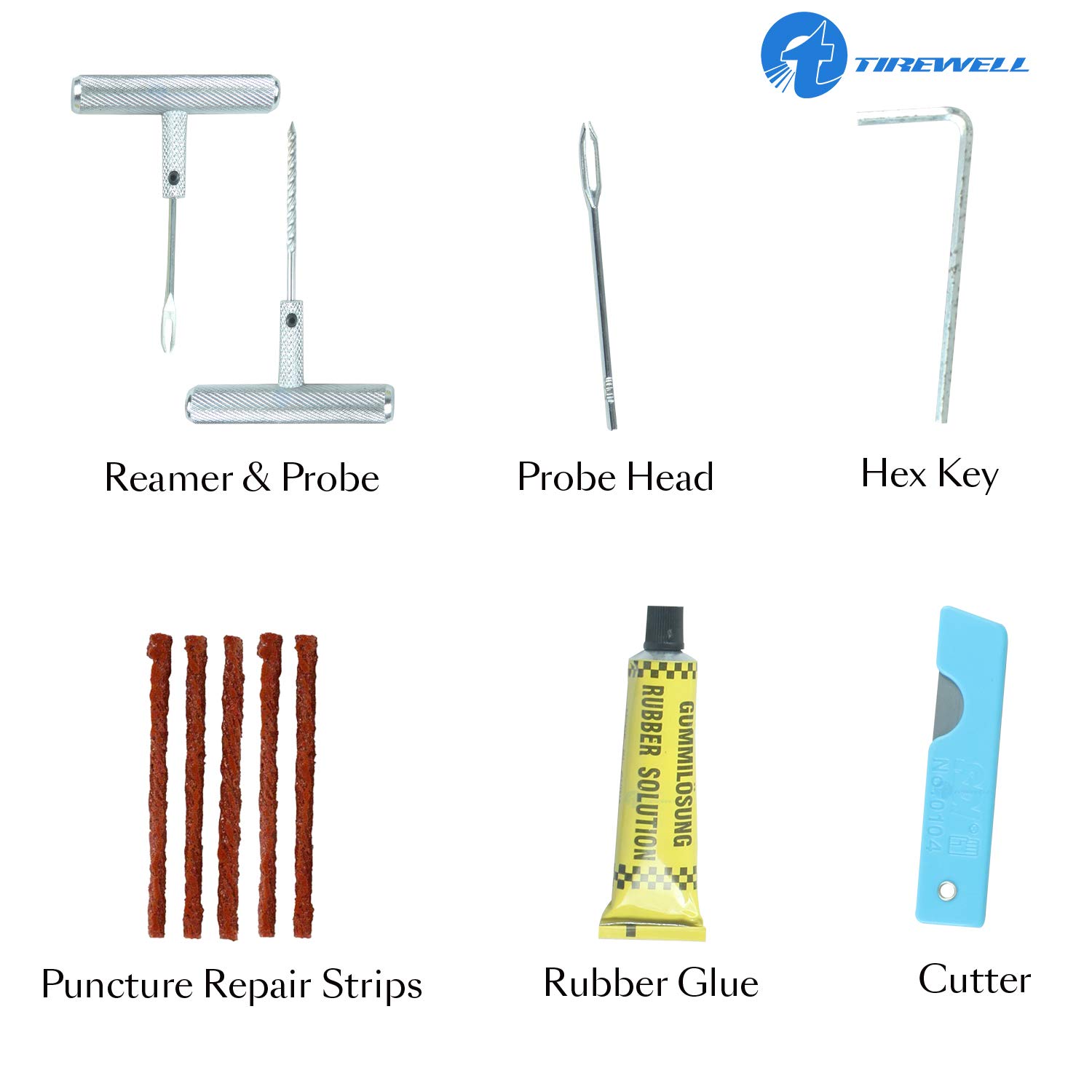 Tirewell TW-5004 Universal Tubeless Tire Puncture Repair Kit Portable Car Motorcycle Flat Tyre Puncher Box (Reamer, Probe, 5 String Plugs, Rubber Solution, Cutter, 1 Probe Head & Fuse) 1