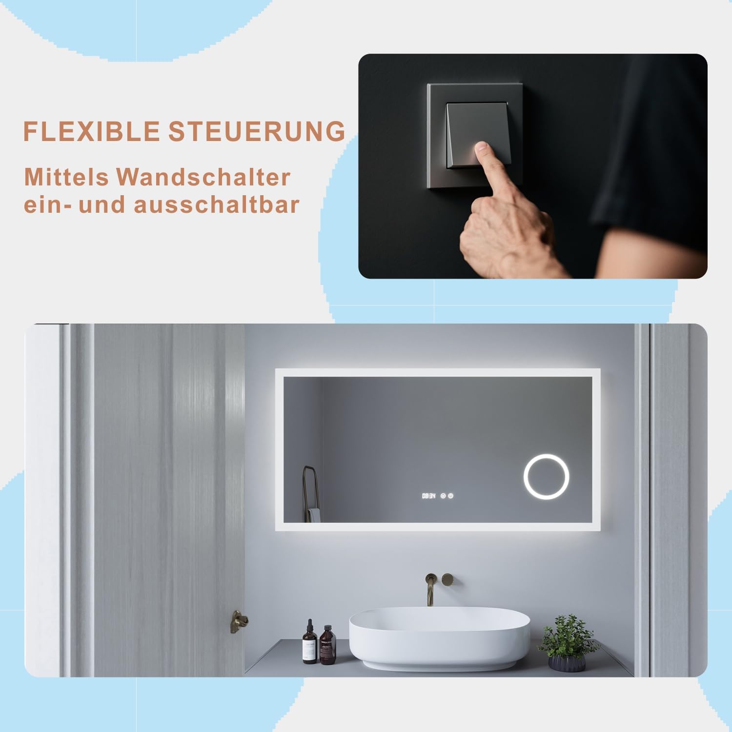 Led Badspiegel mit Digital Uhr 120x60 cm Schminkspiegel mit Beleuchtung
