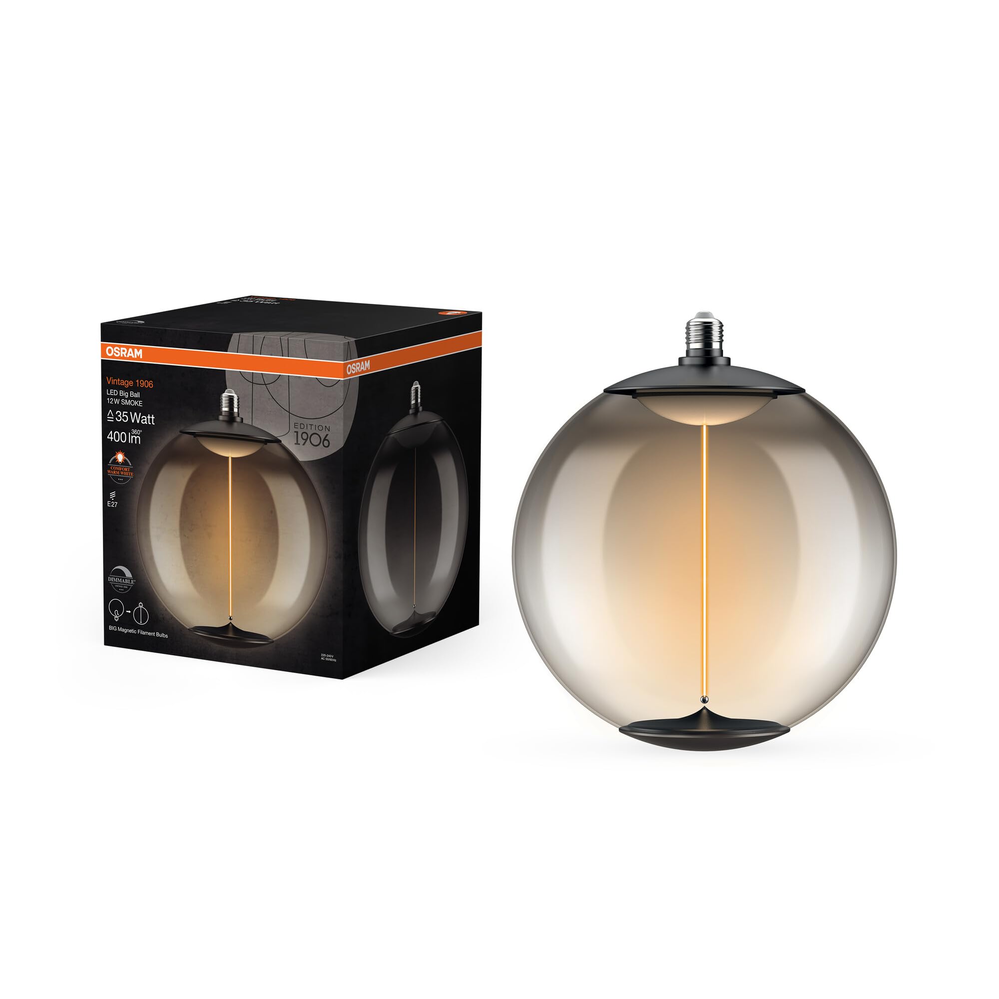 Osram Lampe LED Vintage 1906 BigBall35, 12 W (400 lm), blanc chaud 1800 K, boîtier en plastique fumé, culot E27, technologie d'aimant à filament, intensité variable