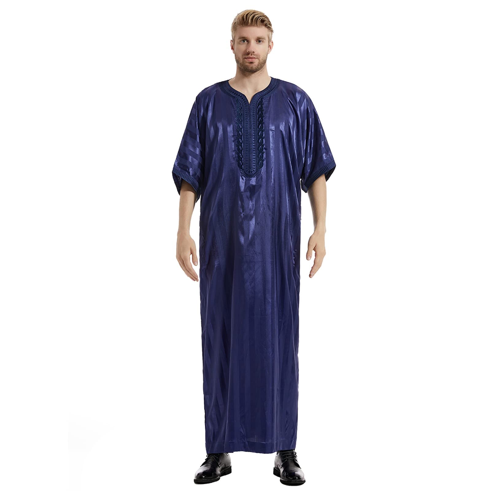 Hombres Musulmanes Ropa Jacquard Bordado Manga Corta Caftán Túnica de Pie Cuello Manga Larga Saudita Árabe Musulmán Dubai Robe Medio Oriente Saudita Túnicas de Arabia Saudita Vestidos turcos
