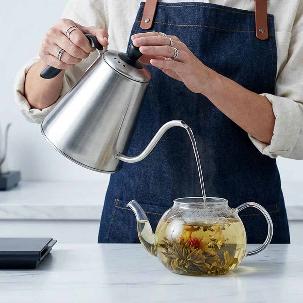 MAXWIN Bollitore a Collo d'oca in Acciaio Inossidabile per Caffè e Tè,Bollitore di Classe per Caffè con Beccuccio Lungo 1L - Acciaio Inossidabile di Qualità(AS-97E)