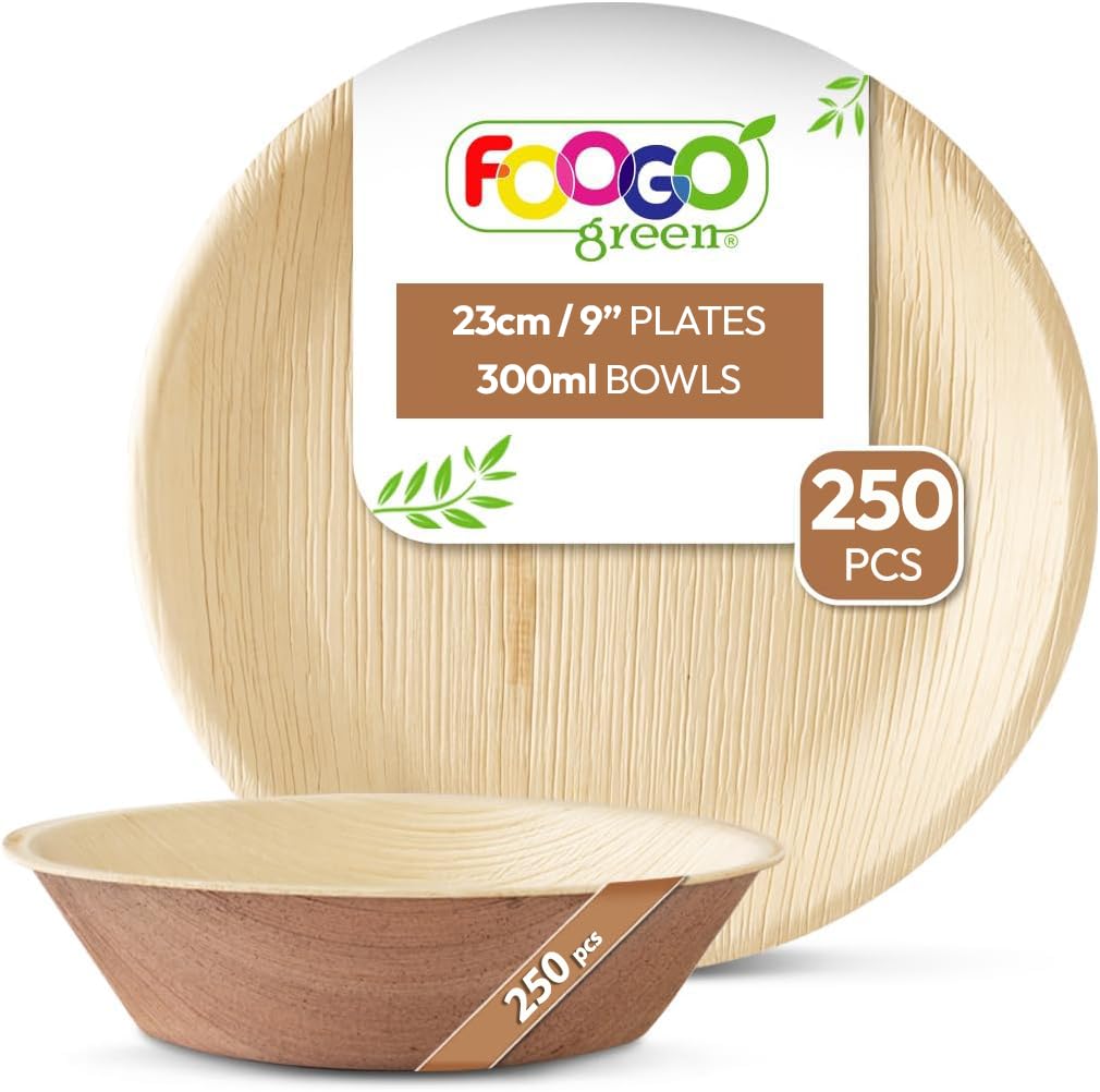 FOOGO Green 500pcs Disposable Palm Leaf Plates and Bowls, 250x Large Round Plates, 250x Bowls, Disposable Bamboo, Eco Friendly Biodegradable, Strong Paper Party Wedding, Picnic, Camping