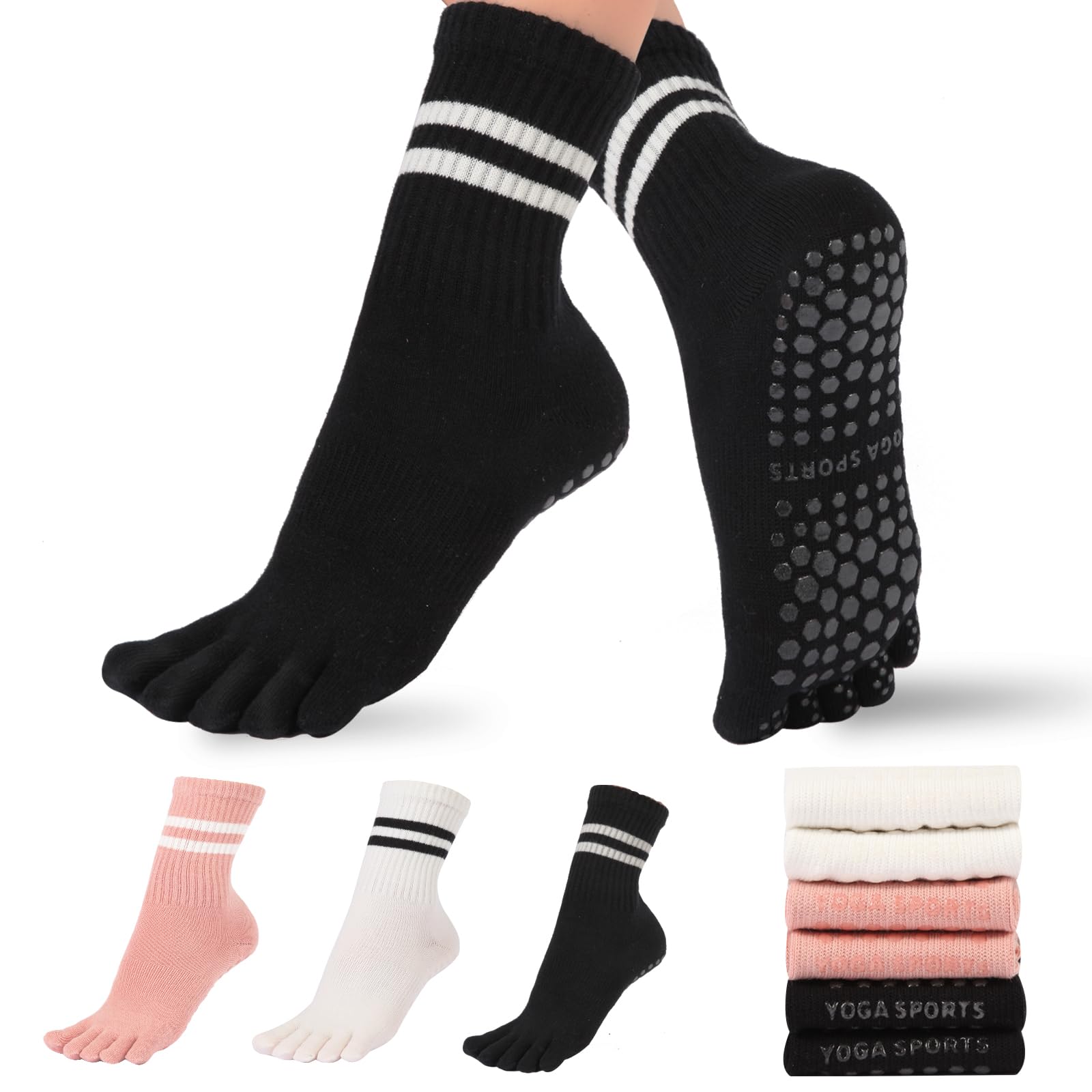 Ewarcud Unisex Pink Women's Non-Slip Yoga Socks With Toe Separators, 3-Pack Pilates Grip Socks For Women, Comfortable Sports Toe For Yoga