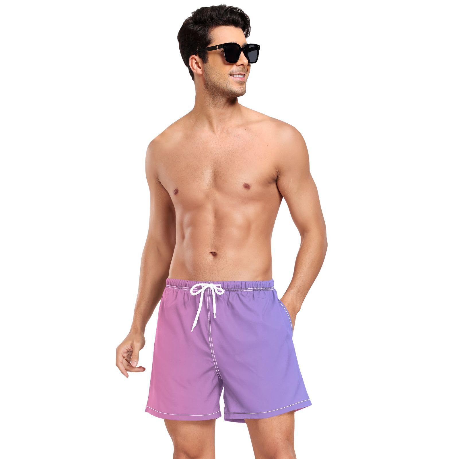 Yuiboo Blue Red Gradient Men's Swimming Trunks Men's Lined Workout Shorts with Pockets and Compression Liner Sport Shorts Quick Dry Elastic