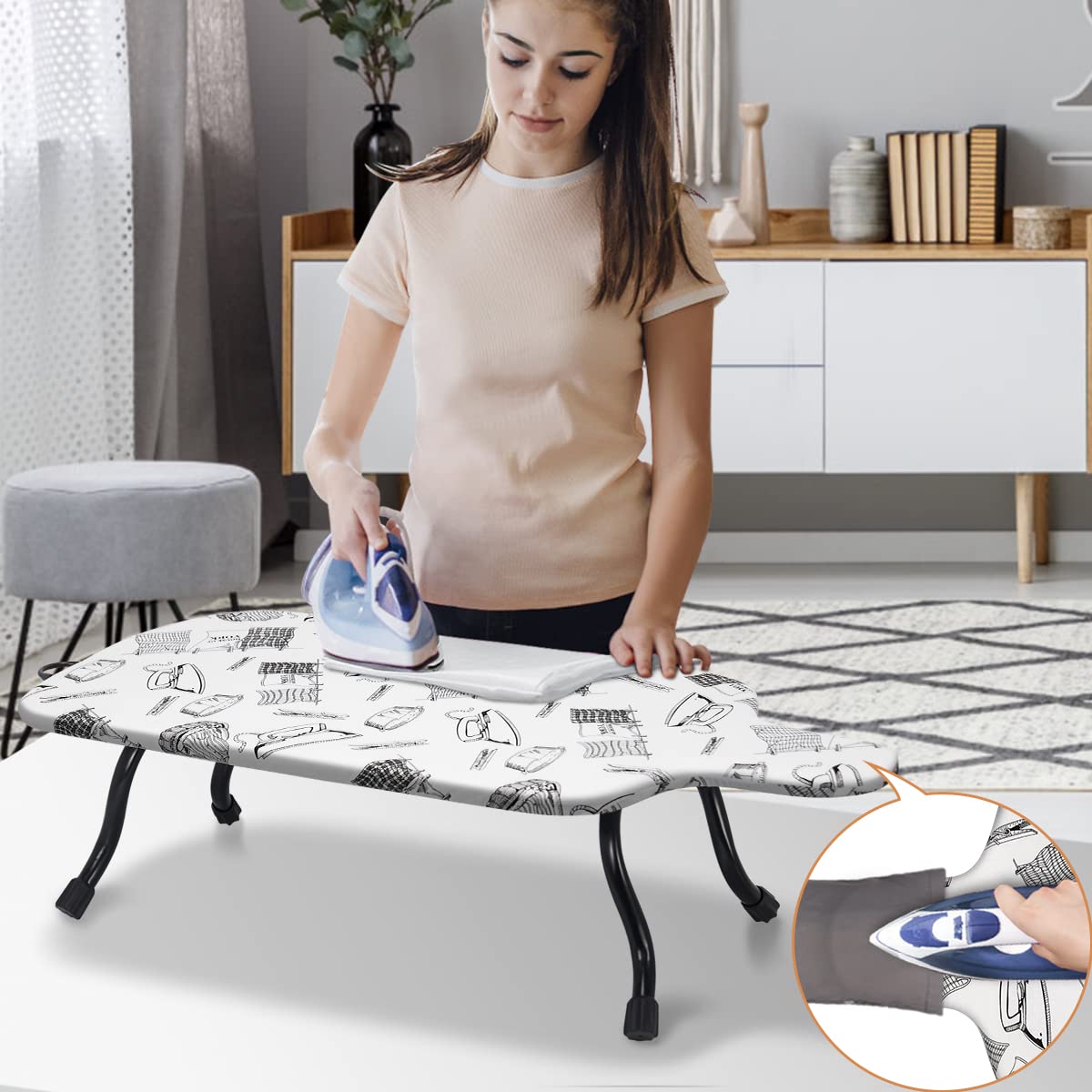 Duwee Table à Repasser,Petite Planche à Repasser avec Housse 100% Coton,Pieds Pliants et Compact,Idéal pour Voyage, Caravanes et Appartements,77×40cm
