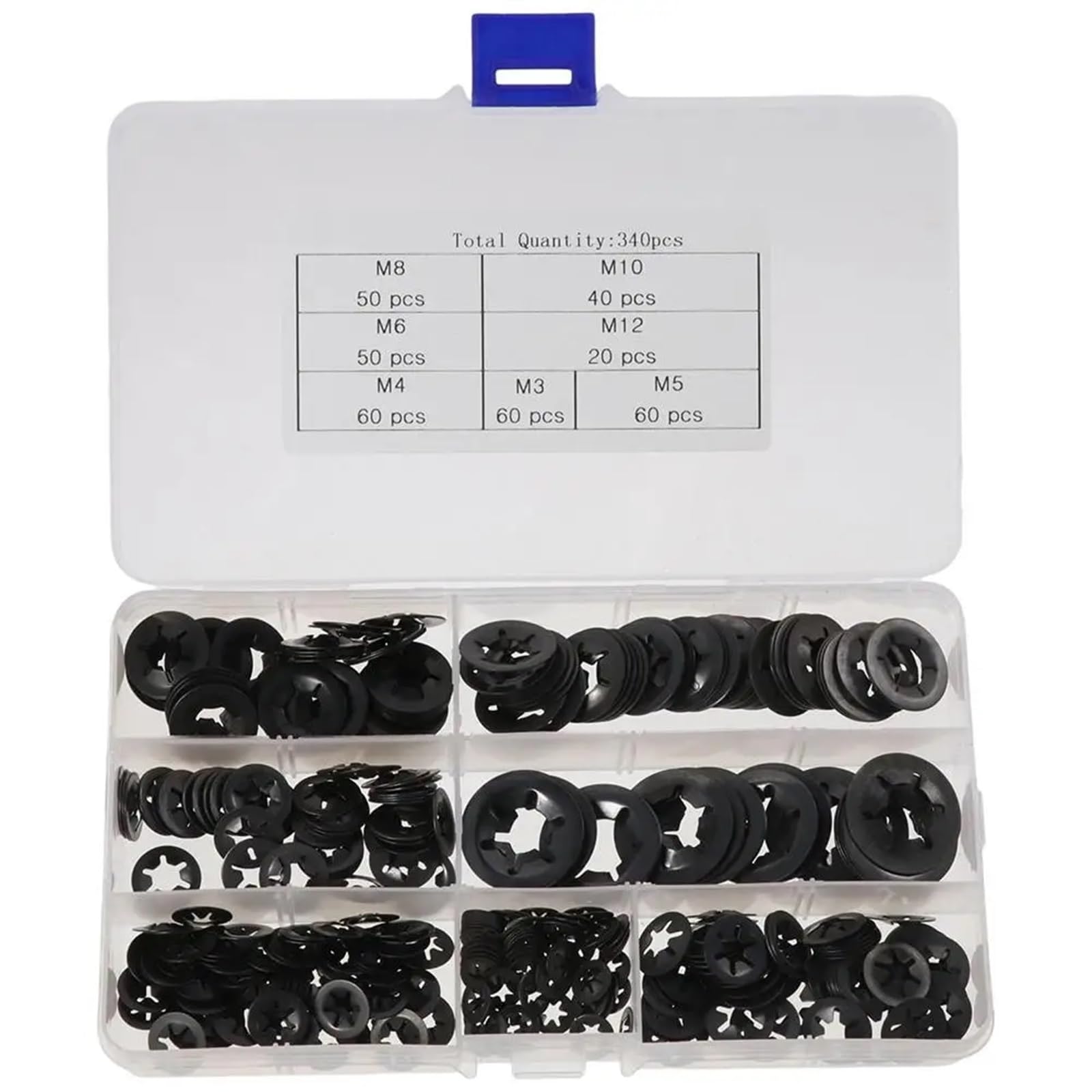 340 pezzi M3/M4/M5/M6/M8/M10/M12 Rondelle di sicurezza dentate 65Mn interne in acciaio nero 7 misure