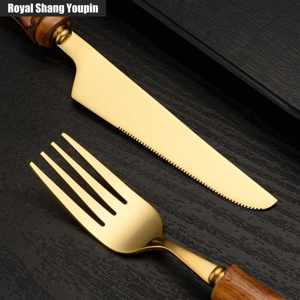 Véritable Manche en Bambou Cuisine en Acier Inoxydable Argenterie Vaisselle Couverts Couverts Couteaux Fourchettes Cuillères Ensemble Maison (Or,24 pièces/Range-Couverts)
