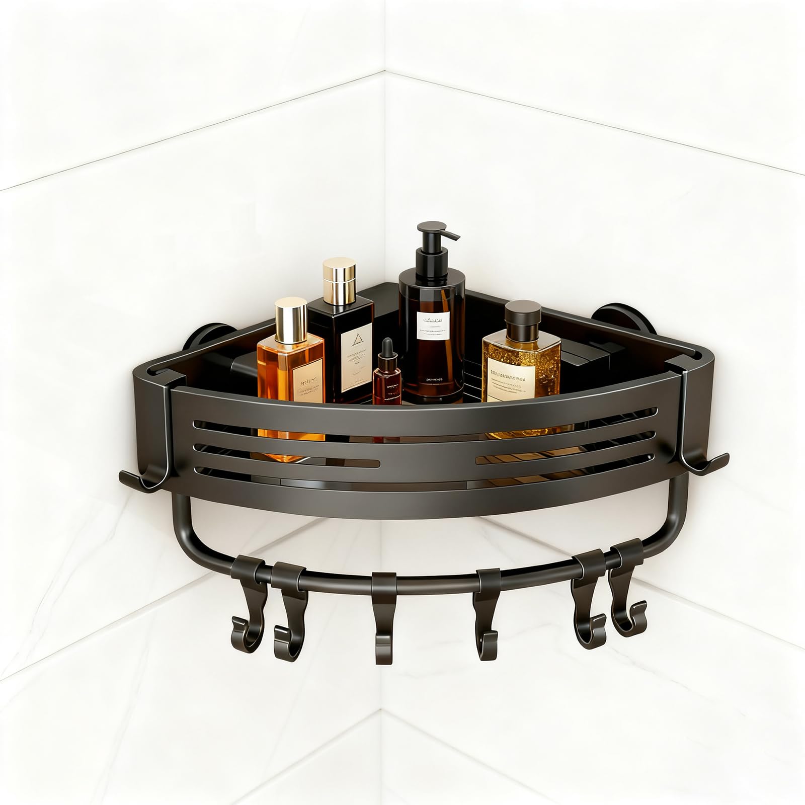 Solaceura Rustproof Aluminum Corner Shower Caddy Press-to-Install Triangle Shelf with Hooks Suction Bathroom Shower Organizer Shampoo Holder for