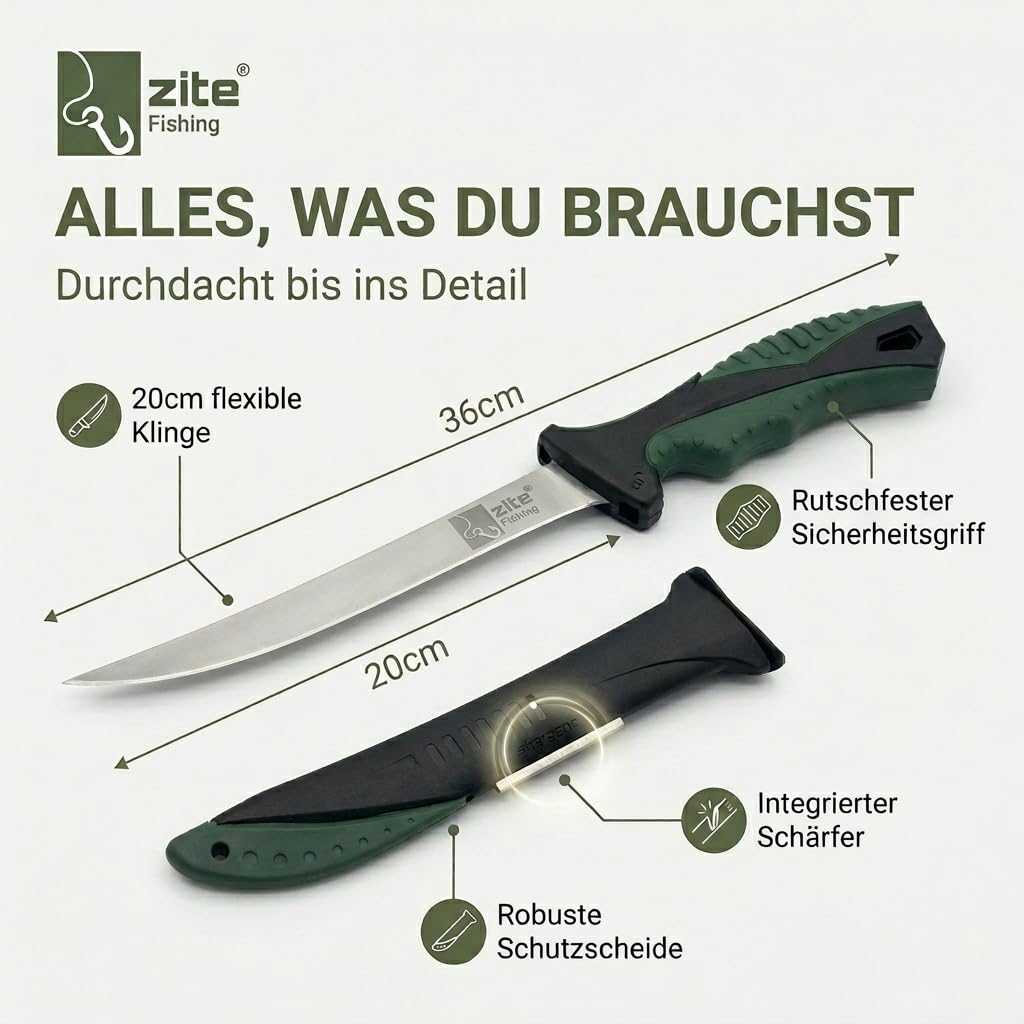 Zite Cuchillo para filetear Fishing 20 cm Hoja Afilada Mango Goma Antideslizante Funda Plástico