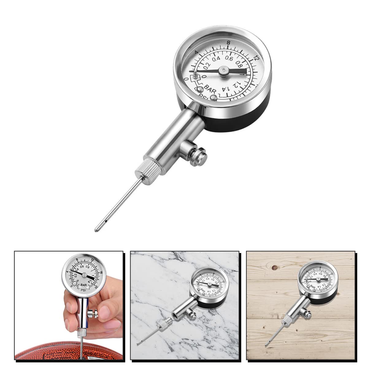 Toddmomy Barómetro Fútbol Americano Compresor Deportes Fuerza Baloncesto con Accesorios De Baloncesto Equipo Indicador Aire Aguja para Inflar Juego Neto Silver Metal
